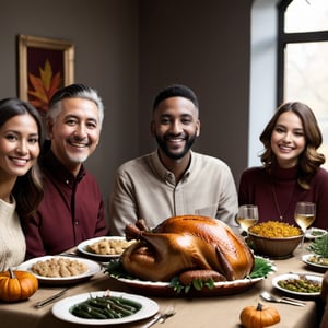 good quality, portrait, people smiling and  enjoying thanksgiving dinner, focus on thanksgiving turkey
