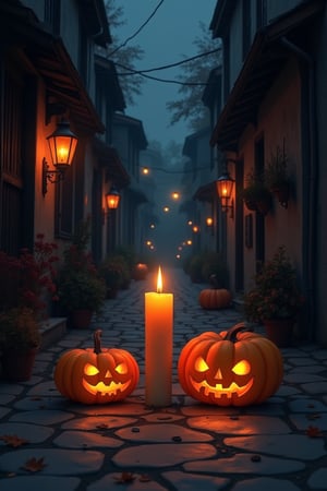 In the dark alleyway filled with many candles & 2 medium size glowing jack o lantern, a large candle on the middle of alley , CANDLE, Ai  Anime with Halloween candle