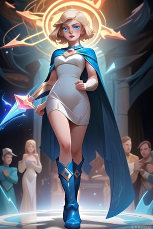 Lux is a young magician with blonde hair and blue eyes. She wears a long white dress with a blue cape. She also carries a crystal scepter and a pair of leather boots. Lux is a League of Legends champion who is known for her crowd control and magic damage abilities.