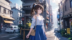 masterpiece, best quality, high quality, extremely detailed CG unity 8k wallpaper, extremely detailed, High Detail, vibrant colors, backlight, photo background, 

(1girl, solo), skirt, brown hair, shirt, brown eyes, ponytail, outdoors, parted lips, food, solo focus, bag, blue shirt, ground vehicle, building, motor vehicle, realistic, car, road, street, real world location,

woman, standing, street, blue t-shirt, white skirt, white shoulder bag, holding cute item, 7-Eleven, convenience store, background, pedestrians, vehicles, daytime,