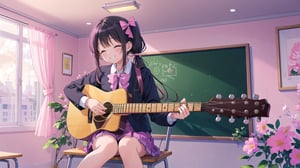 masterpiece, best quality, high quality, extremely detailed CG unity 8k wallpaper, extremely detailed, High Detail, vibrant colors, backlight, photo background, pink tones,

(1girl, solo), long hair, smile, bangs, skirt, black hair, bow, twintails, sitting, school uniform, closed eyes, indoors, low twintails, pink bow, instrument, desk, music, guitar, playing instrument, electric guitar, acoustic guitar

A girl in a school uniform sitting in a pink classroom, playing a pink guitar. The room is decorated with pink tones, a painting of smiling flowers on the wall, and plush toys in the corner,