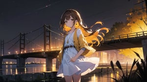 masterpiece, best quality, high quality, extremely detailed CG unity 8k wallpaper, extremely detailed, High Detail, vibrant colors, backlight, simple background, night background, night, yellow background, yellow tones, 

(1girl, solo), long hair, looking at viewer, brown hair, dress, brown eyes, jewelry, earrings, outdoors, belt, white dress, sleeves past wrists, photo background, real world location,

A young girl standing by a riverside at night, wearing a red knit cardigan and a white dress, The background features a river with reflections of lights and a bridge, The scene is set in a peaceful and romantic nighttime atmosphere,