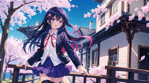 masterpiece, best quality, high quality, extremely detailed CG unity 8k wallpaper, extremely detailed, High Detail, vibrant colors, backlight, photo background, 

(1girl, solo), Tohka Yatogami, yatogami_tohka, yatogami_tohka, tohka (date a live), long hair, breasts, looking at viewer, blush, smile, open mouth, bangs, skirt, shirt, black hair, thighhighs, long sleeves, ribbon, hair between eyes, medium breasts, very long hair, school uniform, standing, purple eyes, jacket, hair ribbon, white shirt, flower, :d, cowboy shot, pleated skirt, outdoors, collared shirt, black thighhighs, miniskirt, red ribbon, blue skirt, zettai ryouiki, petals, neck ribbon, floating hair, blazer, outstretched arm, cherry blossoms, outstretched hand, stairs,

Anime girl, long black hair, wearing blue school uniform with red ribbon, standing under cherry blossom tree, petals falling, spring atmosphere, inviting gesture, detailed, vibrant colors, high resolution,