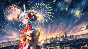 	

//Quality
(((best quality, 8k wallpaper))), ((detailed eyes, detailed illustration, masterpiece, ultra-detailed)),

//Body
(detailed face, (detailed eyes), detailed skin, detailed hair, detailed fabric),

// Charater
1girl, solo, usada pekora, 
kimono1, (red kimono:1.5), wearing kimono, wearing new year kimono, (golden yellow eyes:1.5).

// Pose
upper body, looking at viewer, 
dynamic angle, (long shot),

// Background
((detailed background)), reflection, refraction:1.4, ((background: retro city,)), (nightime, detailed stars), Night view in the city, city, fireworks, colorful fireworks, skyscrapers,portrait