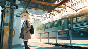 masterpiece, best quality, high quality, extremely detailed, High Detail, vibrant colors, 

(1girl, solo), virtual youtuber, amelia watson, amelia_detective, collared shirt, red necktie, plaid skirt, thighhighs, smile, holding, standing, from side, clock, pocket watch, deerstalker, detective outfit, trench coat, preparing to board a train, 

platform with train, train station, big windows, sunlight, sunlight streaming through, vintage clock on the wall, warm and inviting atmosphere, morning light, sense of adventure and anticipation