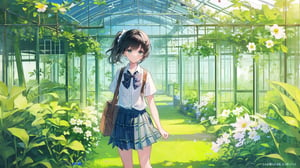 masterpiece, best quality, high quality, extremely detailed CG unity 8k wallpaper, extremely detailed, High Detail, vibrant colors, backlight, photo background, 

(1girl, solo), skirt, shirt, black hair, bow, school uniform, white shirt, ponytail, flower, short sleeves, pleated skirt, outdoors, bowtie, plaid, plaid skirt, field, flower field,

A girl in a white shirt and green plaid skirt standing in a field of green plants and white flowers, with a transparent greenhouse in the background, bright sunny day, fresh and natural atmosphere