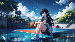 masterpiece, best quality, high quality, extremely detailed CG unity 8k wallpaper, extremely detailed, High Detail, colors, 

(1girl, solo), long hair, smile, black hair, holding, sitting, full body, braid, short sleeves, outdoors, sky, day, cloud, blue sky, white footwear, building, sneakers, ball, basketball,

A young girl sitting on an outdoor basketball court, holding a basketball, She is wearing black sportswear and white sneakers, smiling happily, The background features a clear blue sky and some buildings, creating a relaxed and cheerful athletic atmosphere,girl