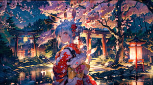 //Quality
(((best quality, 8k wallpaper))), ((detailed eyes, detailed illustration, masterpiece, ultra-detailed)),

//Charater
1girl, solo, usada pekora, 
kimono1, (red kimono:1.5), wearing kimono, wearing new year kimono, 

// Pose
upper body, (dynamic angle), 
looking at viewer, 

// Background
((detailed background)), midjourney, yofukashi background,perfect light, (cherry blossoms), extremely delicate and beautiful, ((background: shrine, night stars iridescent)), ((nightime, detailed stars)), Night view in the shrine, A girl prays in front of a shrine at night, behind her is a row of lanterns and a red torii gate