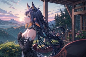 //Quality
(((best quality, 8k wallpaper))), ((detailed eyes, detailed illustration, masterpiece, ultra-detailed)),

//Charater
1girl, solo, ninomae ina'nis, bangs, inapriestess, strapless dress, low wings, halo, tentacles

// Pose
profile, in_profile, upper body, (dynamic angle), 

// Background
balcony scenery, blue cloudy sky scenery, plants and flowers, mountains scenery