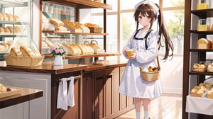 masterpiece, best quality, high quality,extremely detailed CG unity 8k wallpaper, extremely detailed, High Detail, colors, 

(1girl, solo), long hair, looking at viewer, bangs, brown hair, long sleeves, holding, brown eyes, full body, ponytail, food, shoes, socks, indoors, black footwear, apron, white socks, basket, head scarf, full body, 

a young girl wearing a pink apron and white long-sleeve shirt, with a white cloth hat on her head, holding a basket of bread, standing next to a glass display case in a bakery, cute and focused expression,girl,
