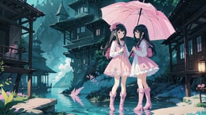 masterpiece, best quality, high quality, extremely detailed CG unity 8k wallpaper, extremely detailed, High Detail, anime style, colors, backlight, cute background, dreamy background, ethereal ambiance, magical atmosphere, fantasy elements, whimsical,

(2 girls, twins), long hair, multiple girls, black hair, dress, 2girls, boots, day, water, ocean, umbrella, knee boots, dual persona, pink footwear,

Two girls standing by the water, wearing cute dresses, long hair, holding a transparent umbrella, one in a pink dress, the other in a blue dress, fashionable boots, calm sea in the background, clear sky, refreshing and cheerful atmosphere, 