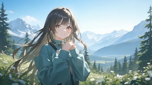 (1girl, solo), long hair, smile, brown hair, black hair, long sleeves, upper body, outdoors, sky, day, sweater, tree, blue sky, sleeves past wrists, mountain, teal jacket, scenic mountain landscape, clear blue skies, sunlight, green vegetation, majestic mountains, gentle breeze, wildflowers, warm glow, peaceful atmosphere