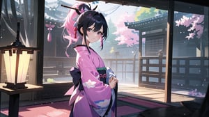 masterpiece, best quality, high quality, extremely detailed CG unity 8k wallpaper, extremely detailed, High Detail, vibrant colors, backlight, photo background, 

(1girl, solo), long hair, looking at viewer, black hair, ribbon, hair ribbon, upper body, ponytail, japanese clothes, kimono, blurry, black eyes, blurry background, pink ribbon, yukata,

A woman wearing a traditional Japanese kimono with geometric patterns in pink, blue, and white colors, Her hair is tied in a low ponytail with pink hair accessories, The background features a purple curtain with a white emblem, suggesting a traditional setting, wide shot, full body view, traditional Japanese room, tatami mats, shoji screen, lanterns, serene atmosphere, distant view,