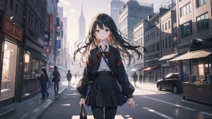 masterpiece, best quality, high quality, extremely detailed CG unity 8k wallpaper, extremely detailed, High Detail, vibrant colors, backlight, photo background,

(1girl, solo), solo focus, lips, brown eyes, long hair, black hair, black outfit, long sleeves, skirt, black pants, accessories, outdoors,

Tokyo Station, red brick building, building, city, road, street, modern skyscrapers, wide plaza, grey stone tiles, green lawn, no other people