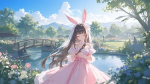 Captured at eye-level on a cloudy day, a young Asian girl, dressed in a pink dress, adorned with a white lace veil, is stunning against the backdrop of a body of water. Her hair is cascading down her back, adding a touch of warmth to the scene. She's wearing a pair of bunny ears, adorned in pink and white, adorned by a pink ribbon. Her eyes are closed, a soft smile on her face, and her lips are painted a soft pink. The girl's hair is long, dark brown, and she's smiling. The backdrop is a vibrant blue sky, dotted with white fluffy clouds. In the background, there is a quaint wooden bridge arching over the water, leading to a small garden filled with blooming flowers and lush greenery. The garden is bordered by tall, ancient trees whose leaves rustle gently in the breeze.