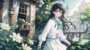 masterpiece, best quality, high quality, extremely detailed CG unity 8k wallpaper, extremely detailed, High Detail, vibrant colors, backlight, photo background, 

1girl, solo, long hair, bangs, skirt, shirt, black hair, long sleeves, holding, jewelry, flower, outdoors, parted lips, black eyes, lips, looking to the side, window, ring, white skirt, plant, white flower, green shirt, holding flower,

a woman holding white daisies, wearing a green knitted sweater, long straight hair, outdoor setting with wooden window and green plants, serene atmosphere, 