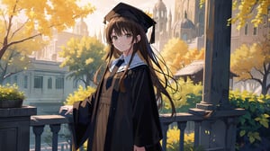 masterpiece, best quality, high quality, extremely detailed CG unity 8k wallpaper, extremely detailed, High Detail, vibrant colors, backlight, simple background,

(1girl, solo), long hair, looking at viewer, smile, brown hair, shirt, long sleeves, hat, brown eyes, white shirt, braid, necktie, collared shirt, wide sleeves, black headwear, grass, robe, black robe, cap, (graduation gown, academic gown), mortarboard,

a happy young woman in a graduation gown and cap, standing in front of a grey wall with round windows, outdoor setting, smiling, celebration,

campus features, university building, trees, academic environment, 