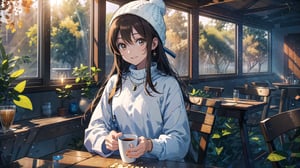 masterpiece, best quality, high quality, extremely detailed CG unity 8k wallpaper, extremely detailed, High Detail, vibrant colors, backlight, photo background, 

(1girl, solo), long hair, looking at viewer, smile, brown hair, long sleeves, hat, holding, brown eyes, jewelry, upper body, indoors, nail polish, bracelet, cup, lips, window, table, holding cup, beanie,

a young woman, wearing a light-colored fuzzy hat, long straight black hair, blue turtleneck long-sleeve shirt, holding a yellow and white striped cup, sitting indoors with striped wall background, smiling, cozy atmosphere, high quality, detailed face, natural lighting