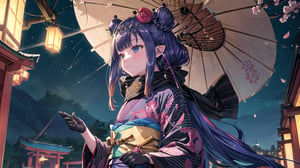//Quality
(((best quality, 8k wallpaper))), ((detailed eyes, detailed illustration, masterpiece, ultra-detailed)),

//Charater
1girl, solo, ninomae ina'nis, flat_chest, tiny_chest,
inanewyears, haori, print kimono, black scarf, double bun, hair flower

// Pose
profile, in_profile, upper body, (dynamic angle), 

// Background
((detailed background)), midjourney, yofukashi background,perfect light, (cherry blossoms), extremely delicate and beautiful, ((background: shrine, night stars iridescent)), ((nightime, detailed stars)), Night view in the shrine, A girl prays in front of a shrine at night, behind her is a row of lanterns and a red torii gate
