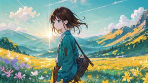 masterpiece, best quality, high quality, extremely detailed, High Detail, vibrant colors, illustration, backlight, colorful,

(1girl, solo), long hair, smile, brown hair, black hair, long sleeves, upper body, outdoors, sky, day, sweater, tree, blue sky, sleeves past wrists, mountain, teal jacket, scenic mountain landscape, clear blue skies, sunlight, green vegetation, majestic mountains, gentle breeze, wildflowers, warm glow, peaceful atmosphere