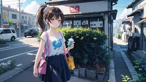 masterpiece, best quality, high quality, extremely detailed CG unity 8k wallpaper, extremely detailed, High Detail, vibrant colors, backlight, photo background, 

(1girl, solo), skirt, brown hair, shirt, brown eyes, ponytail, outdoors, parted lips, food, solo focus, bag, blue shirt, ground vehicle, building, motor vehicle, realistic, car, road, street, real world location,

woman, standing, street, blue t-shirt, white skirt, white shoulder bag, holding cute item, 7-Eleven, convenience store, background, pedestrians, vehicles, daytime,