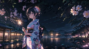 masterpiece, best quality, high quality, extremely detailed CG unity 8k wallpaper, extremely detailed, High Detail, vibrant colors, backlight, photo background, dreamy atmosphere, serene, peaceful, pastel colors,

1girl, solo, short hair, black hair, hair ornament, flower, japanese clothes, hair flower, kimono, blurry, lips, sash, looking up, yukata, fireworks, sparkler,

A woman wearing a traditional light purple kimono, holding a sparkler at night, She has pink and white flowers in her hair, The background features a water surface with colorful, blurred lights, creating a dreamy atmosphere,