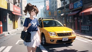 masterpiece, best quality, high quality, extremely detailed CG unity 8k wallpaper, extremely detailed, High Detail, vibrant colors, backlight, photo background, 

(1girl, solo), skirt, brown hair, shirt, brown eyes, ponytail, outdoors, parted lips, food, solo focus, bag, blue shirt, ground vehicle, building, motor vehicle, realistic, car, road, street, real world location,

woman, standing, street, blue t-shirt, white skirt, white shoulder bag, holding cute item, 7-Eleven, convenience store, background, pedestrians, vehicles, daytime,