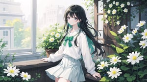 masterpiece, best quality, high quality, extremely detailed CG unity 8k wallpaper, extremely detailed, High Detail, vibrant colors, backlight, photo background, 

1girl, solo, long hair, bangs, skirt, shirt, black hair, long sleeves, holding, jewelry, flower, outdoors, parted lips, black eyes, lips, looking to the side, window, ring, white skirt, plant, white flower, green shirt, holding flower,

a woman holding white daisies, wearing a green knitted sweater, long straight hair, outdoor setting with wooden window and green plants, serene atmosphere, 