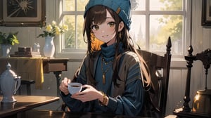 masterpiece, best quality, high quality, extremely detailed CG unity 8k wallpaper, extremely detailed, High Detail, vibrant colors, backlight, photo background, 

(1girl, solo), long hair, looking at viewer, smile, brown hair, long sleeves, hat, holding, brown eyes, jewelry, upper body, indoors, nail polish, bracelet, cup, lips, window, table, holding cup, beanie,

a young woman, wearing a light-colored fuzzy hat, long straight black hair, blue turtleneck long-sleeve shirt, holding a yellow and white striped cup, sitting indoors with striped wall background, smiling, cozy atmosphere, high quality, detailed face, natural lighting