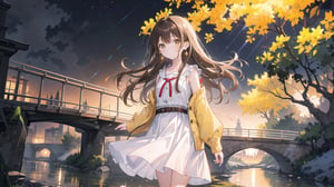 masterpiece, best quality, high quality, extremely detailed CG unity 8k wallpaper, extremely detailed, High Detail, vibrant colors, backlight, simple background, night background, night, yellow background, yellow tones, 

(1girl, solo), long hair, looking at viewer, brown hair, dress, brown eyes, jewelry, earrings, outdoors, belt, white dress, sleeves past wrists, photo background, real world location,

A young girl standing by a riverside at night, wearing a red knit cardigan and a white dress, The background features a river with reflections of lights and a bridge, The scene is set in a peaceful and romantic nighttime atmosphere,