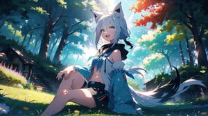 masterpiece, best quality, high quality, extremely detailed CG unity 8k wallpaper, extremely detailed, High Detail, vibrant colors, backlight, photo background, 

(1girl, solo), long hair, breasts, looking at viewer, smile, open mouth, bangs, navel, animal ears, hair between eyes, sitting, green eyes, tail, braid, ahoge, white hair, sidelocks, outdoors, detached sleeves, shorts, day, virtual youtuber, hood, wide sleeves, tree, neckerchief, animal ear fluff, fox ears, short shorts, single braid, hoodie, fox tail, wariza, black shorts, grass, outstretched arm, fox girl, nature, side braid, forest, outstretched hand, reaching towards viewer, blue neckerchief, dappled sunlight, white hoodie, shirakami fubuki,

A cute girl with white short hair and animal ears, sitting on a grassy forest clearing, wearing a loose white shirt with a blue scarf, reaching out with a warm smile, sunny forest background, green grass and scattered flowers, anime style,