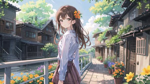 masterpiece, best quality, high quality, extremely detailed CG unity 8k wallpaper, extremely detailed, High Detail, vibrant colors, backlight, photo background, 

(1girl, solo), long hair, looking at viewer, smile, bangs, skirt, brown hair, shirt, long sleeves, brown eyes, standing, flower, outdoors, looking back, lips, head tilt, plaid, pink shirt, pink plaid shirt, plaid shirt, 

green plants, stairs, railing, walkway, orange flowers, outdoor, park, garden, lush greenery, metal railing, peaceful environment, nature scenery