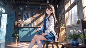 masterpiece, best quality, high quality, extremely detailed CG unity 8k wallpaper, extremely detailed, High Detail, vibrant colors, backlight, photo background, dreamy atmosphere, serene, peaceful, pastel colors,

(1girl, solo), long hair, looking at viewer, brown hair, black hair, long sleeves, dress, holding, brown eyes, sitting, jacket, indoors, lips, book, blue dress, white jacket, door,

A person wearing a white jacket and light blue dress, sitting on an indoor bench, reading a comic book,
Background with wooden doors and walls, traditional design elements,