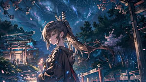 //Quality
(((best quality, 8k wallpaper))), ((detailed eyes, detailed illustration, masterpiece, ultra-detailed)),

//Charater
1girl, solo, Nanashi Mumei, (brown hairs), 
mumeidef,

// Pose
upper body, (dynamic angle), 
looking at viewer, 

// Background
((detailed background)), midjourney, yofukashi background,perfect light, (cherry blossoms), extremely delicate and beautiful, ((background: shrine, night stars iridescent)), ((nightime, detailed stars)), Night view in the shrine, A girl prays in front of a shrine at night, behind her is a row of lanterns and a red torii gate,Detailedface,More Detail