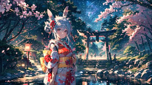 //Quality
(((best quality, 8k wallpaper))), ((detailed eyes, detailed illustration, masterpiece, ultra-detailed)),

//Charater
1girl, solo, usada pekora, 
kimono1, (red kimono:1.5), wearing kimono, wearing new year kimono, 

// Pose
upper body, (dynamic angle), 
looking at viewer, 

// Background
((detailed background)), midjourney, yofukashi background,perfect light, (cherry blossoms), extremely delicate and beautiful, ((background: shrine, night stars iridescent)), ((nightime, detailed stars)), Night view in the shrine, A girl prays in front of a shrine at night, behind her is a row of lanterns and a red torii gate