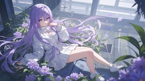 1girl, solo, long hair, grey eyes, sitting, flower, long sleeves, purple hair, plant, looking at viewer, very long hair, purple flower, white footwear, hand up, jacket, white jacket, hair between eyes, white socks, shoes, star \(symbol\)