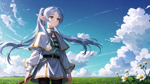 masterpiece, best quality, high quality, extremely detailed CG unity 8k wallpaper, extremely detailed, High Detail, vibrant colors, backlight, photo background, 

(1girl, solo), frieren, long hair, twintails, (green eyes:1.5), grey hair, pointy ears, elf, shirt, long sleeves, jewelry, pantyhose, earrings, striped, black pantyhose, capelet, striped shirt, 

upper body, outdoors, sky, pointy ears, cloud, hand up, blurry, from side, petals, floating hair, field,

A fantasy elf girl with long silver hair, standing in a field of flowers with a dreamy sky background, She is holding a magical staff and her hair is flowing in the wind, The scene is serene and filled with soft light, 