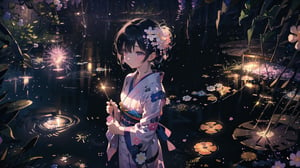 masterpiece, best quality, high quality, extremely detailed CG unity 8k wallpaper, extremely detailed, High Detail, vibrant colors, backlight, photo background, dreamy atmosphere, serene, peaceful, pastel colors,

1girl, solo, short hair, black hair, hair ornament, flower, japanese clothes, hair flower, kimono, blurry, lips, sash, looking up, yukata, fireworks, sparkler,

A woman wearing a traditional light purple kimono, holding a sparkler at night, She has pink and white flowers in her hair, The background features a water surface with colorful, blurred lights, creating a dreamy atmosphere,