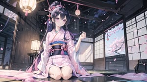 masterpiece, best quality, high quality, extremely detailed CG unity 8k wallpaper, extremely detailed, High Detail, vibrant colors, backlight, photo background, 

(1girl, solo), long hair, looking at viewer, black hair, ribbon, hair ribbon, upper body, ponytail, japanese clothes, kimono, blurry, black eyes, blurry background, pink ribbon, yukata,

A woman wearing a traditional Japanese kimono with geometric patterns in pink, blue, and white colors, Her hair is tied in a low ponytail with pink hair accessories, The background features a purple curtain with a white emblem, suggesting a traditional setting, wide shot, full body view, traditional Japanese room, tatami mats, shoji screen, lanterns, serene atmosphere, distant view,