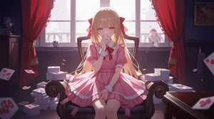 The image shows a young girl sitting on a chair in a room with a large window in the background. She is wearing a pink dress with a red bow and has long blonde hair with bangs. The girl is holding a card in her hand and appears to be deep in thought. The room is decorated with red curtains and there are several stacks of playing cards scattered around her. The overall mood of the image is mysterious and whimsical.