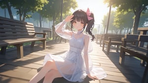 masterpiece, best quality, high quality, extremely detailed CG unity 8k wallpaper, extremely detailed, High Detail, vibrant colors, backlight, 

(1girl, solo), looking at viewer, black hair, dress, sitting, white dress, see-through, realistic, salute, bench,

A person sitting outdoors on a wooden floor, wearing a white dress and transparent long sleeves, with a pink bow accessory in hair, sunlight creating bright shadows, natural and comfortable environment with trees and wooden benches in the background