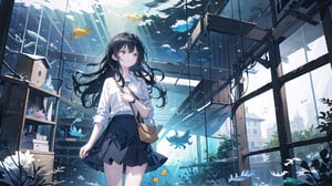 masterpiece, best quality, high quality, extremely detailed CG unity 8k wallpaper, extremely detailed, High Detail, vibrant colors, backlight, photo background, 

(1girl, solo), long hair, skirt, shirt, black hair, bag, looking up, watch, wristwatch, aquarium,

A girl standing in front of a large aquarium, gazing thoughtfully at the blue underwater scene, soft lighting, calm and serene atmosphere, long hair, casual outfit