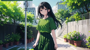 masterpiece, best quality, high quality, extremely detailed CG unity 8k wallpaper, extremely detailed, High Detail, vibrant colors, backlight, photo background,

(1girl, solo), long hair, (black hair), black eyes, looking at viewer, green top, shirt, green shirt, black skirt, shirt, standing, upper body, short sleeves, cowboy shot, pleated skirt, outdoors, day, blurry background, shirt tucked in, 

A girl wearing a green short-sleeve shirt and black pleated skirt standing on an outdoor basketball court, with a blurred background of people and a basketball hoop,