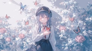 A stunning digital illustration of a single girl posing solo in front of a simple background with a dreamy, pastel-colored garden filled with blooming flowers and butterflies. She wears a white long-sleeved shirt with a red necktie and a black skirt, complete with low twintails and bangs framing her face. Her hair falls between her eyes, and she keeps her parted lips closed, showcasing a subtle smirk. The focus is on her bust shot as she holds a red butterfly specimen in front of her. A black and blue military hat sits atop her head, adding an air of uniformity to the overall design. Soft shadows enhance the dreamcore atmosphere, inviting the viewer to step into this whimsical world.