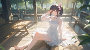 masterpiece, best quality, high quality, extremely detailed CG unity 8k wallpaper, extremely detailed, High Detail, vibrant colors, backlight, 

(1girl, solo), looking at viewer, black hair, dress, sitting, white dress, see-through, realistic, salute, bench,

A person sitting outdoors on a wooden floor, wearing a white dress and transparent long sleeves, with a pink bow accessory in hair, sunlight creating bright shadows, natural and comfortable environment with trees and wooden benches in the background