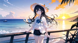 masterpiece, best quality, high quality, extremely detailed CG unity 8k wallpaper, extremely detailed, High Detail, vibrant, colors, backlight, ethereal, dreamy, soft lighting,

(1girl, solo), shirt, black hair, hat, white shirt, outdoors, sky, shorts, water, ocean, white headwear, black shorts, sun hat, sunset, photo background,

A girl standing by the sea during sunset, wearing a white lightweight blouse and black shorts, with a white wide-brimmed straw hat, The background features a calm ocean with multiple boats anchored in the distance, and the sky displaying a beautiful gradient from orange to blue, surrounded by soft clouds and gentle light reflections on the water, giving a serene and magical atmosphere,