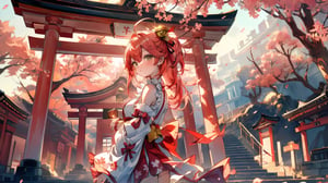 //Quality
(((best quality, 8k wallpaper))), ((detailed eyes, detailed illustration, masterpiece, ultra-detailed)),

//Charater
1girl, solo, Sakura Miko, SakuraMiko, 
MikoBase, long hair, ahoge, one side up, hair bell, cherry blossom print, nontraditional miko, frills, single thighhigh, bridal garter,

// Pose
upper body, (dynamic angle), 
looking at viewer, 

// Background
((detailed background)), midjourney, yofukashi background,perfect light, (cherry blossoms), extremely delicate and beautiful, ((background: shrine, day, daylight), Day view in the shrine, A girl prays in front of a shrine at daytime, behind her is a red torii gate, 