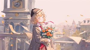 masterpiece, best quality, high quality, extremely detailed, High Detail, vibrant colors, simple background,  white background, colorful, bright background, happy atmosphere, cute, 

(1girl, solo), blush, smile,  grin, ^ ^, closed eyes, virtual youtuber, amelia watson, watson amelia,short hair, blonde hair, hair ornament, onocle hair ornament, amelia_detective, collared shirt, red necktie, plaid skirt, thighhighs, smile, holding, standing, from side, clock, pocket watch, deerstalker, detective outfit, trench coat, holding, flower, bouquet, holding bouquet, holding bouquet of flowers, holomyth, 