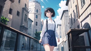masterpiece, best quality, high quality, extremely detailed CG unity 8k wallpaper, extremely detailed, High Detail, vibrant colors, backlight, photo background,

(1girl, solo), skirt, shirt, black hair, long sleeves, standing, outdoors, solo focus, day, blurry, looking to the side, plaid, blurry background, plaid skirt, walking, a modern building with large glass windows,

A young girl with black short hair standing in front of a modern building with large glass windows, She is wearing a white cardigan, a ribbed white button-up top, and a gray plaid skirt, The sky is clear and blue, The building in the background features curved architecture and reflective glass panels, The overall scene is calm and serene,