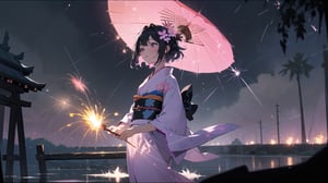 masterpiece, best quality, high quality, extremely detailed CG unity 8k wallpaper, extremely detailed, High Detail, vibrant colors, backlight, photo background, dreamy atmosphere, serene, peaceful, pastel colors,

1girl, solo, short hair, black hair, hair ornament, flower, japanese clothes, hair flower, kimono, blurry, lips, sash, looking up, yukata, fireworks, sparkler,

A woman wearing a traditional light purple kimono, holding a sparkler at night, She has pink and white flowers in her hair, The background features a water surface with colorful, blurred lights, creating a dreamy atmosphere,